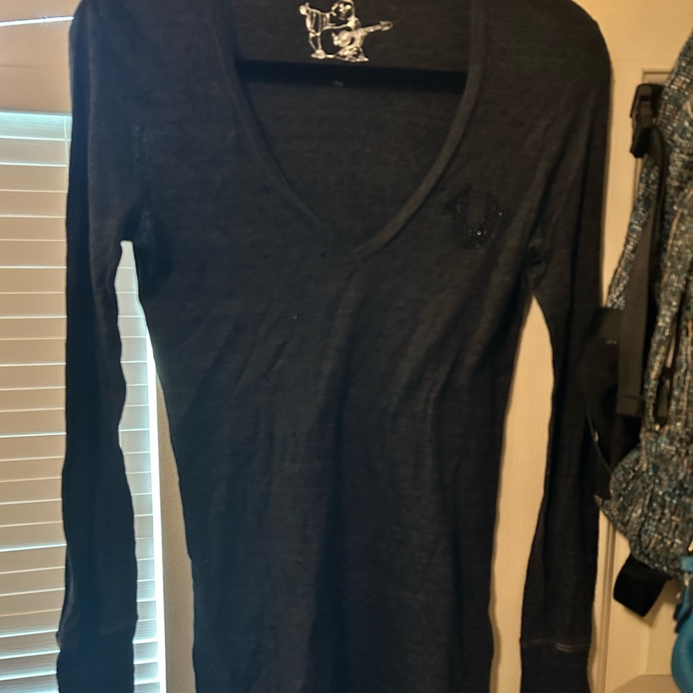 True Religion Charcoal Long Sleeve V-Neck Top